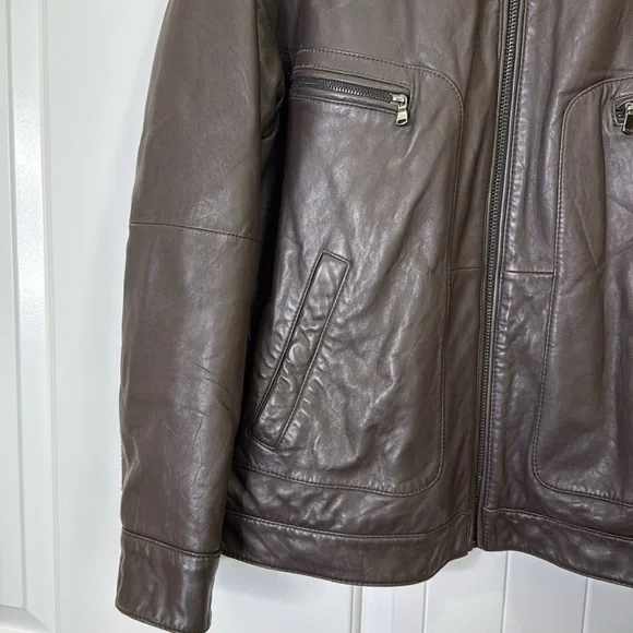 Michael Kors Men's Dark Brown Leather Jacket Coat Multiple Pockets XXL - Picture 2 of 16